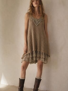 Romantic Boho Lace Crochet Knit Tunic Dress Layered Mesh Hem Sz M Boho Lagenlook